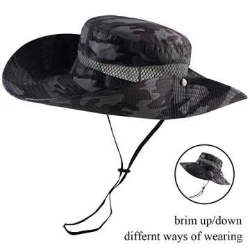 CAMOLAND Summer Fishing Sun Boonie Hat Camouflage Outdoor UV Protection Large Brim Bucket Safari Cap Breathable Mesh
