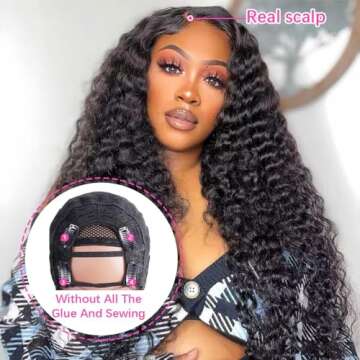 Lucasar Deep Wave U Part Wig Human Hair 4x2 inch, 180% Density Glueless Brazilian Human Hair Upart Wig No Sew in No Leave Out Lace Glueless Deep Curly Upgrade U Part Wigs Beginner Friendly(30inch)