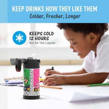 THERMOS FUNTAINER Water Bottle with Straw - 12 Ounce - Kids Stainless Steel Vacuum Insulated Water Bottle with Lid, Super Mario Brothers