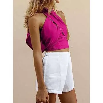 HYPERFIRE Women's Sexy Criss Cross Halter Sleeveless Wrap Front Backless Cami Crop Top Clubbing Hot Pink X-Small