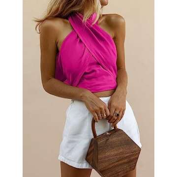HYPERFIRE Women's Sexy Criss Cross Halter Sleeveless Wrap Front Backless Cami Crop Top Clubbing Hot Pink X-Small