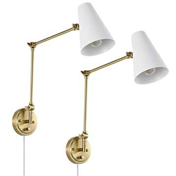 WINGBO Industrial Swing Arm Wall Sconce Set of 2, Adjustable Arm Metal LED Wall Sconce, Plug in/Hardwired Light Fixture for Bedroom Bedside Reading Living Room Hallway Dining Kitchen, Brass and White
