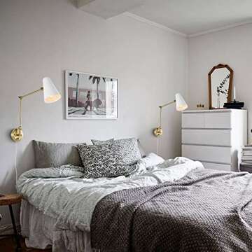 WINGBO Industrial Swing Arm Wall Sconce Set of 2, Adjustable Arm Metal LED Wall Sconce, Plug in/Hardwired Light Fixture for Bedroom Bedside Reading Living Room Hallway Dining Kitchen, Brass and White