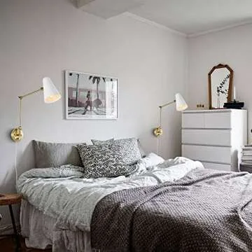 WINGBO Industrial Swing Arm Wall Sconce Set of 2, Adjustable Arm Metal LED Wall Sconce, Plug in/Hardwired Light Fixture for Bedroom Bedside Reading Living Room Hallway Dining Kitchen, Brass and White