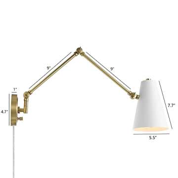 WINGBO Industrial Swing Arm Wall Sconce Set of 2, Adjustable Arm Metal LED Wall Sconce, Plug in/Hardwired Light Fixture for Bedroom Bedside Reading Living Room Hallway Dining Kitchen, Brass and White