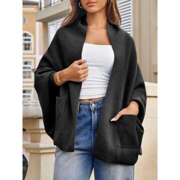 Saodimallsu Womens Open Front Cardigan Batwing Long Sleeve Shawl Chunky Knit Loose Fall Poncho Sweater Coats Black