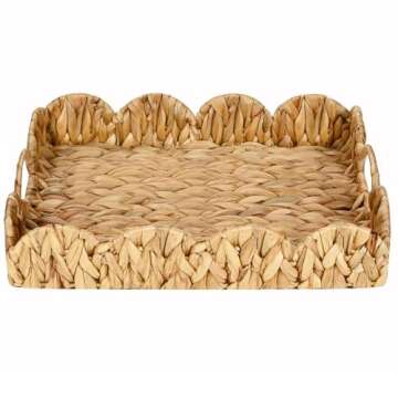 Livofloral Scalloped Edge Rectangle Serving Tray, Handwoven Rattan Tray with Built-in Handles, Decor...
