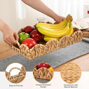Livofloral Scalloped Edge Rectangle Serving Tray, Handwoven Rattan Tray with Built-in Handles, Decorative Scalloped Basket Tray for Coffee Table, Natural Water Hyacinth Wicker Baskets
