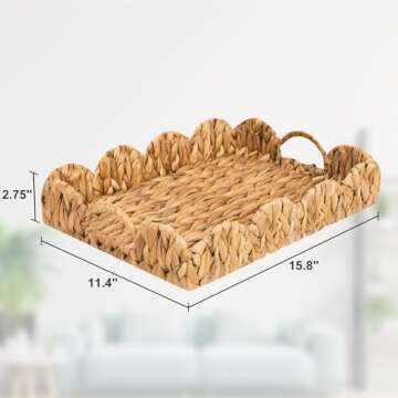Livofloral Scalloped Edge Rectangle Serving Tray, Handwoven Rattan Tray with Built-in Handles, Decorative Scalloped Basket Tray for Coffee Table, Natural Water Hyacinth Wicker Baskets