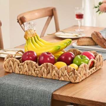 Livofloral Scalloped Edge Rectangle Serving Tray, Handwoven Rattan Tray with Built-in Handles, Decorative Scalloped Basket Tray for Coffee Table, Natural Water Hyacinth Wicker Baskets