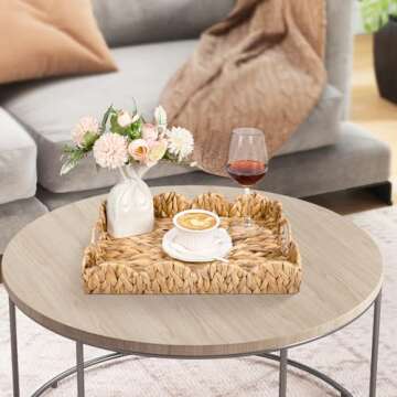 Livofloral Scalloped Edge Rectangle Serving Tray, Handwoven Rattan Tray with Built-in Handles, Decorative Scalloped Basket Tray for Coffee Table, Natural Water Hyacinth Wicker Baskets