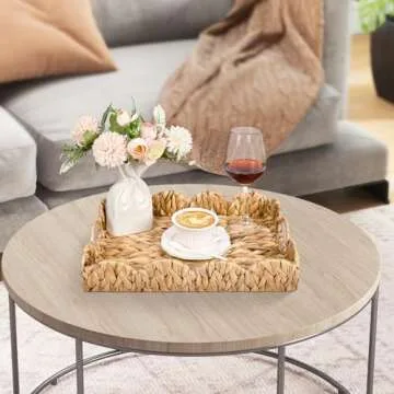 Livofloral Scalloped Edge Rectangle Serving Tray, Handwoven Rattan Tray with Built-in Handles, Decorative Scalloped Basket Tray for Coffee Table, Natural Water Hyacinth Wicker Baskets