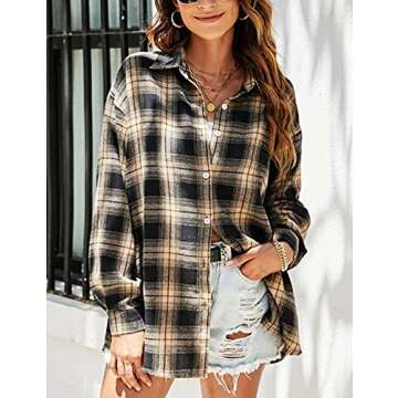 Mingzhu Womens Casual Flannel Plaid Shirt Button Down Long Sleeve Oversized Buffalo Blouse