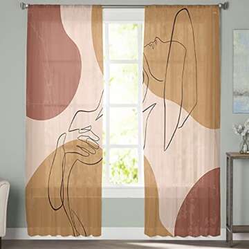 Kitchen Semi Sheer Window Curtain Panels 63 Inches Long,Mid Century Modern Abstract Art Line Women R...