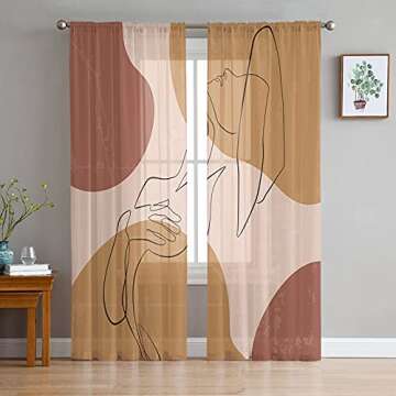 Kitchen Semi Sheer Window Curtain Panels 63 Inches Long,Mid Century Modern Abstract Art Line Women Rod Pocket Voile Curtains-Decorative Window Drapes Panel for Bedroom, Living Room Set of 2