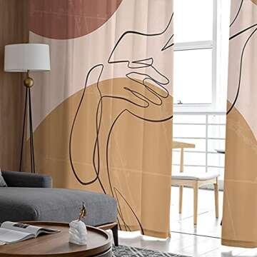 Kitchen Semi Sheer Window Curtain Panels 63 Inches Long,Mid Century Modern Abstract Art Line Women Rod Pocket Voile Curtains-Decorative Window Drapes Panel for Bedroom, Living Room Set of 2