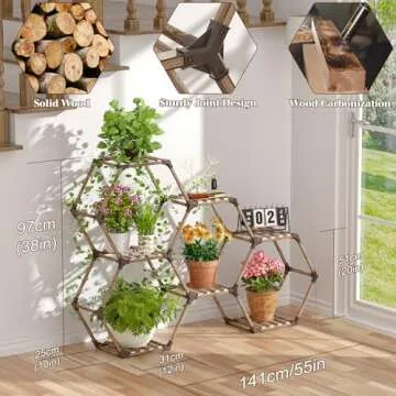 Allinside Hexagonal Plant Stand, 7-Tier Wooden Indoor Outdoor Shelf for Plants, Transformable Ladder Holder for 7 Potted Plants, Perfect for Corner Window, Garden, Balcony, Living Room