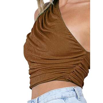 LYANER Women's Sexy Ruched One Shoulder Sleeveless Crop Top Strappy Cami Tank Brown Small