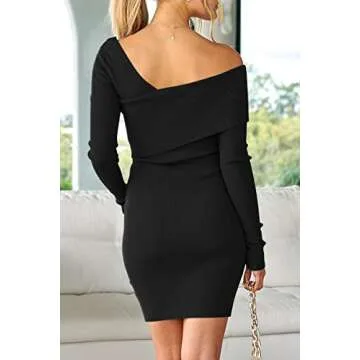 LILLUSORY Party Dress Long Sleeve Women's Bodycon Off One Shoulder Sexy Casual Semi Formal Cocktail Going Out Wedding Guest Date Night Sweater Dresses 2024 Spring Fashion Trendy Clothes Outfits Black