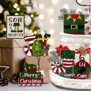 Guoofu Christmas Tiered Tray Decor, Xmas Elf Tray Decorations, Merry Christmas Elf Legs Sock Hat Cam Wooden Signs, Rustic Farmhouse Winter Holiday Home Decor for Tabletop Shelf Mantel Party