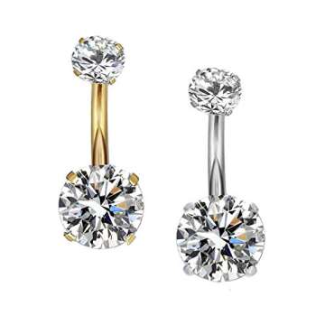 YHMM 14G Surgical Steel Gold Belly Button Rings with Clear Cubic Zirconia (2 Pcs)