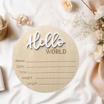 Baby Announcement Sign, ​5.9 Inch Wooden Hello World Newborn Signs, Birth Announcement Sign, Baby Shower Hospital Nursery for Newborn Boys and Girls (White)