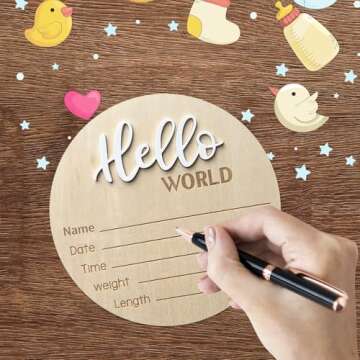 Baby Announcement Sign, ​5.9 Inch Wooden Hello World Newborn Signs, Birth Announcement Sign, Baby Shower Hospital Nursery for Newborn Boys and Girls (White)