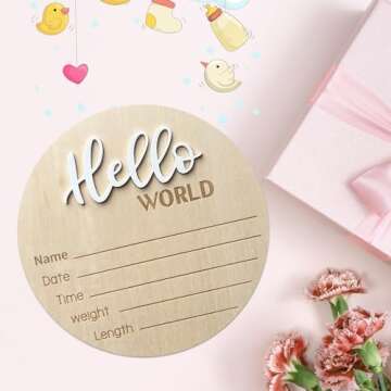 Baby Announcement Sign, ​5.9 Inch Wooden Hello World Newborn Signs, Birth Announcement Sign, Baby Shower Hospital Nursery for Newborn Boys and Girls (White)