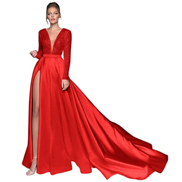 Red Satin Evening Gowns 2024 Long Sleeve Sequin V Neck Slit Formal Prom Dresses for Women with Pocke...