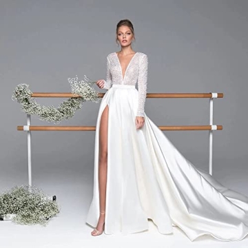 Red Satin Evening Gowns 2024 Long Sleeve Sequin V Neck Slit Formal Prom Dresses for Women with Pockets Wedding Dresses