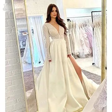 Red Satin Evening Gowns 2024 Long Sleeve Sequin V Neck Slit Formal Prom Dresses for Women with Pockets Wedding Dresses