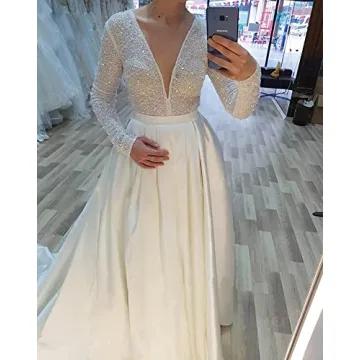 Red Satin Evening Gowns 2024 Long Sleeve Sequin V Neck Slit Formal Prom Dresses for Women with Pockets Wedding Dresses