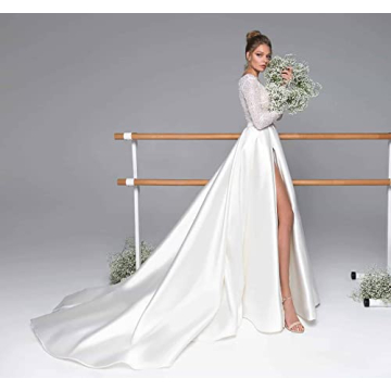 Red Satin Evening Gowns 2024 Long Sleeve Sequin V Neck Slit Formal Prom Dresses for Women with Pockets Wedding Dresses