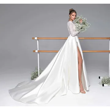 Red Satin Evening Gowns 2024 Long Sleeve Sequin V Neck Slit Formal Prom Dresses for Women with Pockets Wedding Dresses