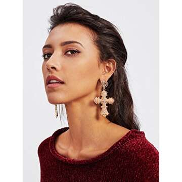 Cross Earrings,Big Baroque Drop Earrings,Rhinestone Large Cross Earrings,Retro Court Earrings for Women Halloween Christmas Gifts (Gold)