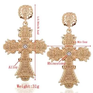 Cross Earrings,Big Baroque Drop Earrings,Rhinestone Large Cross Earrings,Retro Court Earrings for Women Halloween Christmas Gifts (Gold)