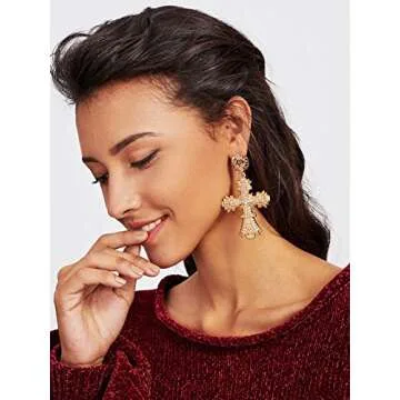 Cross Earrings,Big Baroque Drop Earrings,Rhinestone Large Cross Earrings,Retro Court Earrings for Women Halloween Christmas Gifts (Gold)