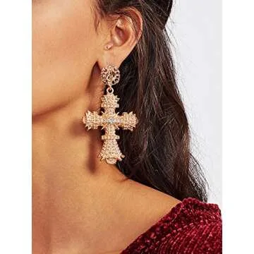 Cross Earrings,Big Baroque Drop Earrings,Rhinestone Large Cross Earrings,Retro Court Earrings for Women Halloween Christmas Gifts (Gold)