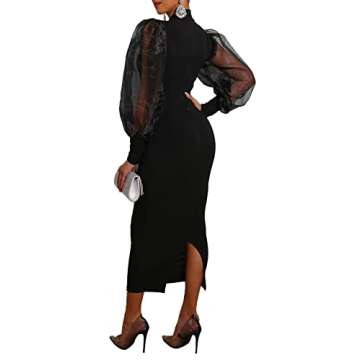 LYANER Women's Mock Neck Mesh Long Sleeve Zipper Bodycon Long Maxi Dress Black Medium