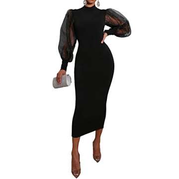 LYANER Women's Mock Neck Mesh Long Sleeve Zipper Bodycon Long Maxi Dress Black Medium