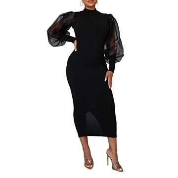 LYANER Women's Mock Neck Mesh Long Sleeve Zipper Bodycon Long Maxi Dress Black Medium