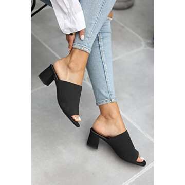 Rilista Womens Open Toe Heeled Mules Block Heels Sandals Knit Chunky Heels Slip On Breathable Slides...