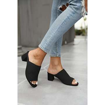 Rilista Womens Open Toe Heeled Mules Block Heels Sandals Knit Chunky Heels Slip On Breathable Slides Sandal Black