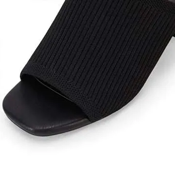 Rilista Womens Open Toe Heeled Mules Block Heels Sandals Knit Chunky Heels Slip On Breathable Slides Sandal Black