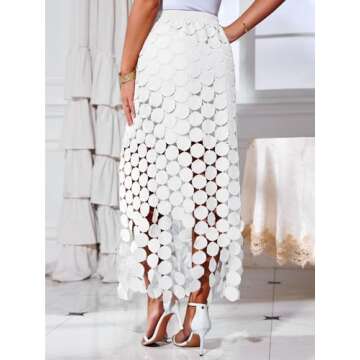 Cicy Bell Womens Hollow Out Maxi Skirts Summer High Waisted Boho Fringe Hem Long Skirt White