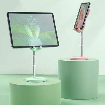 Cute Bunny Ear Phone Stand, Adjustable Metal Rabbit Phone Holder Rack for Phone Pad Tablet Laptop Desktop Accessories