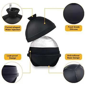 Helpcook Ice Ball Molds,2 Pack,Round Ice Cube Molds,Sphere Ice Molds with Built-in Funnel,Silicone Freezer Press Ice Ball Maker Mold,Make 2.5 Inch Sphere Ice Cubes for Whiskey,Cocktails,Bourbon