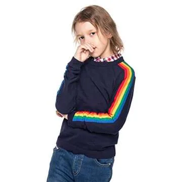 Kid Nation Boys Rainbow Striped Long Sleeve Sweater Pullover Cotton Crew Neck Casual Sweatshirt Navy 10-12Y