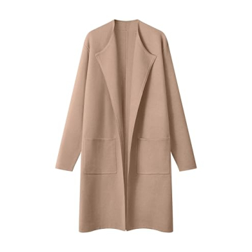 MEROKEETY Women's Open Front Coatigan Sweater Long Sleeve Casual Knit Lapel Cardigan Coat with Pockets, Khaki, Medium