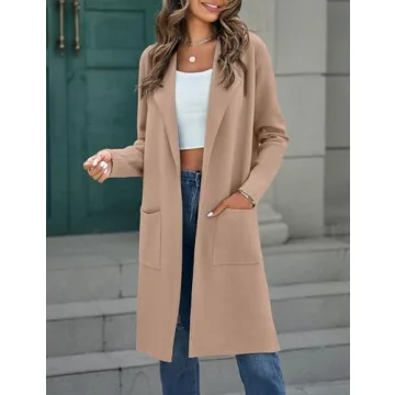 MEROKEETY Women's Open Front Coatigan Sweater Long Sleeve Casual Knit Lapel Cardigan Coat with Pockets, Khaki, Medium